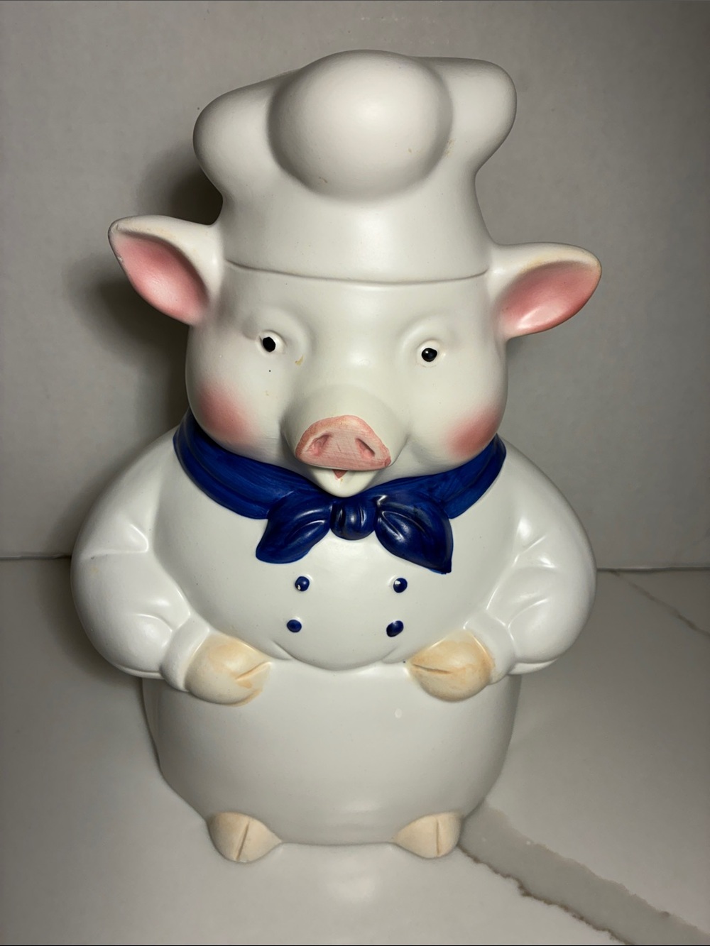 Ckao White Ceramic Chef Pig Cookie Jar with Blue Scarf and Pink Accents - Picture 2 of 8